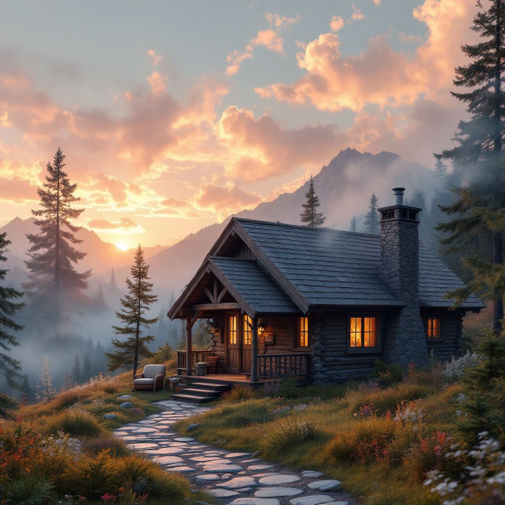 Chillout AI Album Cover — A peaceful mountain cabin at dawn, dreamy lighting, soft hues of pink and orange, cozy and inviting feel, highly detailed, professional rendering, cinematic quality
