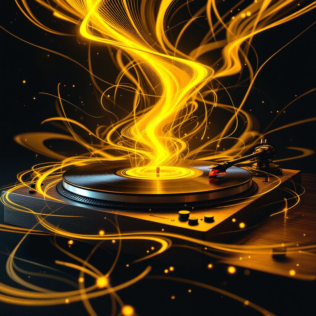 Disco AI Album Cover — abstract sound waves visualized around a disco record player, conceptual art style, pulsating vibrations, rich blacks and electric yellows, detailed craftsmanship, harmonious flow, avant-garde mood, 8k rendering