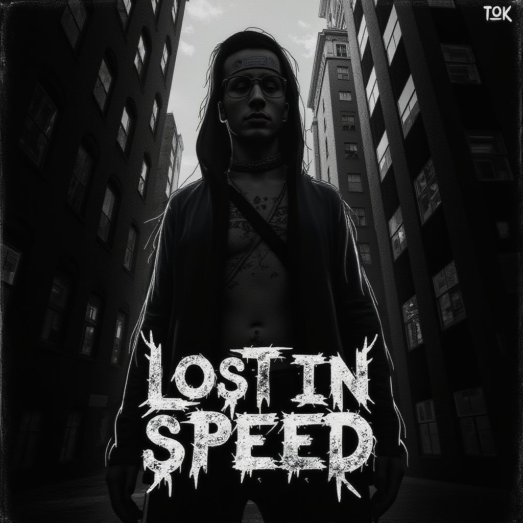 Techno AI Album Cover — A haunting black-and-white album cover featuring a towering, shadowy building with dimly lit windows, gothic elements, flickering light reflections, urban decay, moody lighting, vertical lines emphasizing struggle, title 'Lost In Speed' in a gritty, distressed font contrasting with the dark background, highly detailed and artistic half-illustrated, ethereal atmosphere, 4K resolution