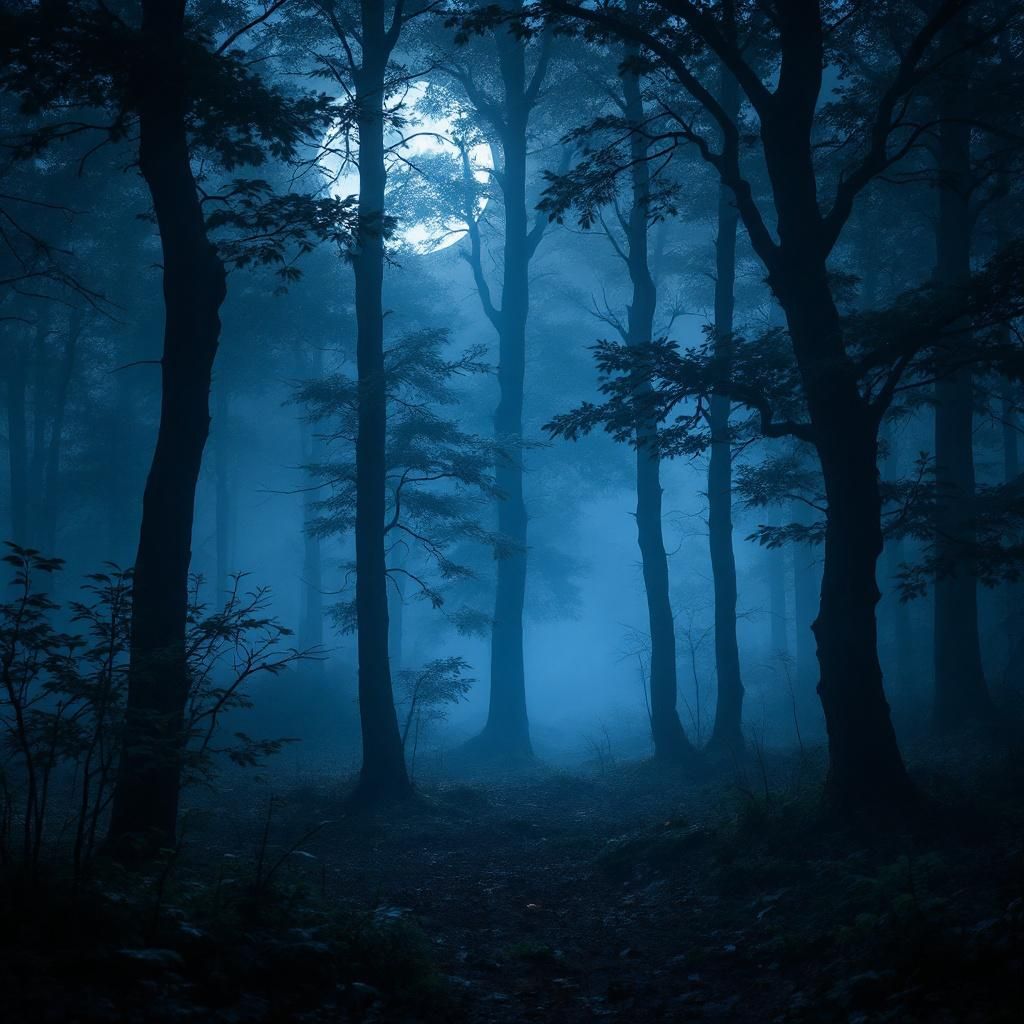 Trance AI Album Cover — Ethereal forest scene captured at night, shrouded in thick fog and illuminated by moonlight breaking through trees, stunning deep blue and teal shades, focus on natural textures and shadows, rich details, creating an emotional and immersive trance vibe, 8k quality.