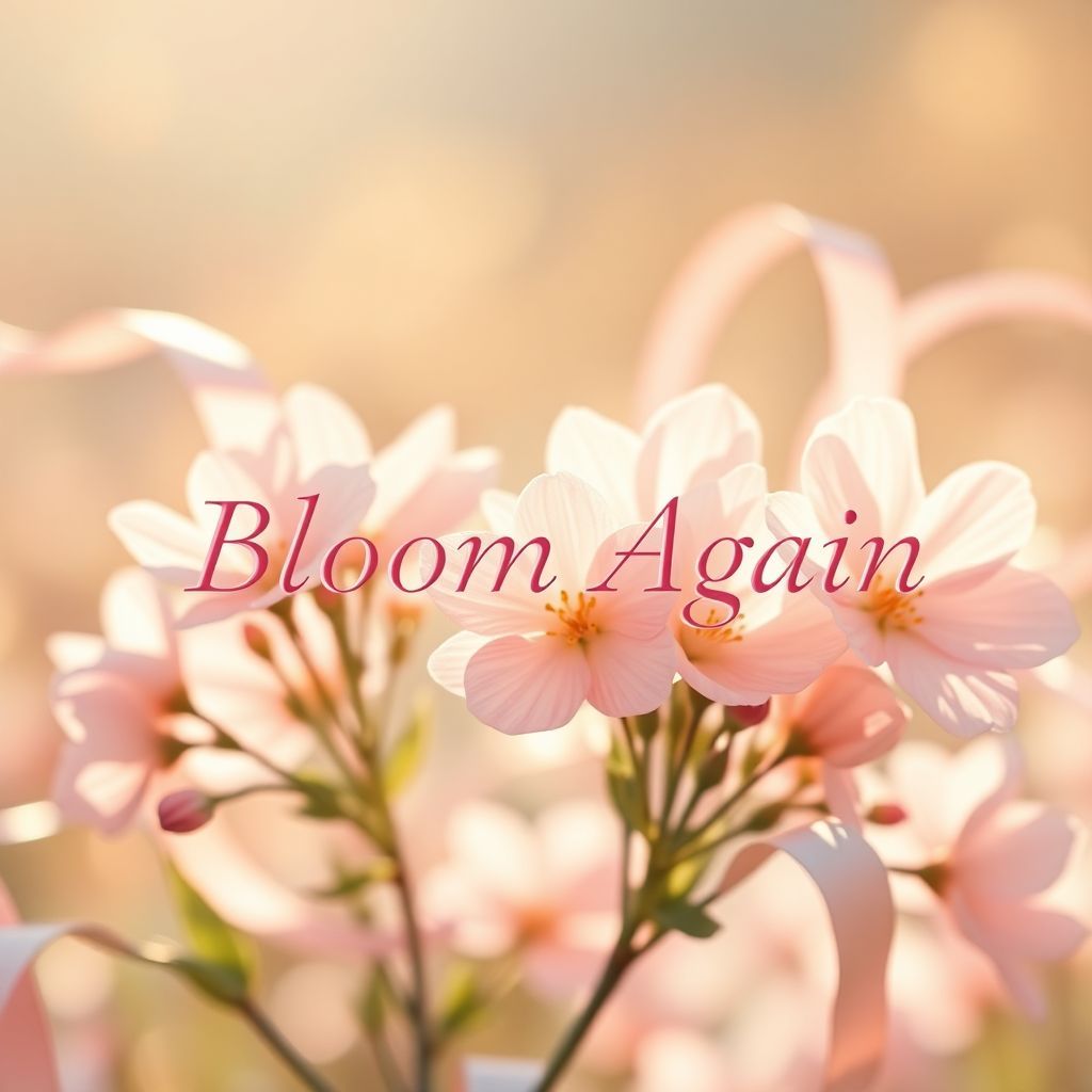K-Pop AI Album Cover — A dreamy K-pop album cover featuring pastel flowers blooming in soft sunlight with floating ribbons around it; watercolor textures in warm golden tones, ethereal light bokeh effects, integrated elegant typography reading 'Bloom Again'; high resolution, delicate shimmering atmosphere, 4K quality