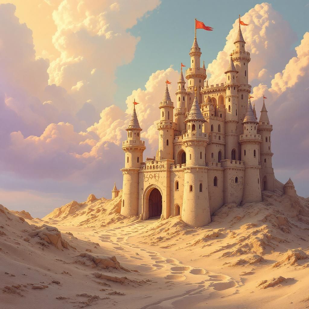 Jazz AI Album Cover — An album cover inspired by old sci-fi book covers, featuring a whimsical sand castle reminiscent of childhood beach days; dreamy and ethereal background with soft aged pastels like the Hyperion cover; subtle graffiti on the castle; highly detailed, warm ambient lighting, 8k resolution, capturing a sense of nostalgia and wonder.