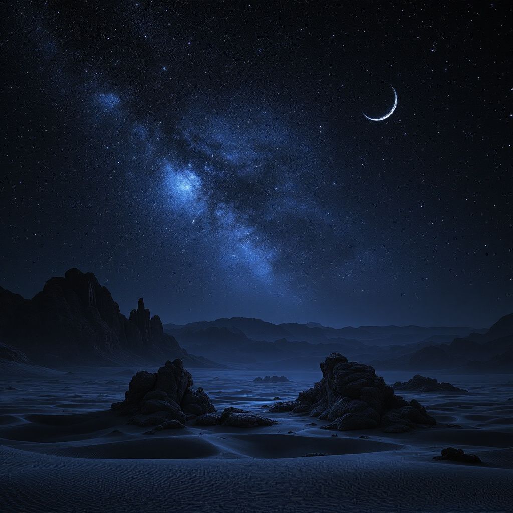 Chillout AI Album Cover — A desert landscape under a starry night, ethereal glow, highly detailed sky, deep black and silver palette, surreal atmosphere, professional quality, masterpiece look