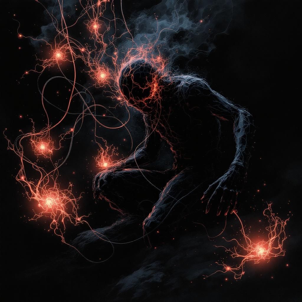 Indie AI Album Cover — A semi-abstract figure outlined in shadow, conveying pain, connected to multiple glowing guitar amplifiers by flowing cables; set against a deep black backdrop, surreal and moody lighting, integrating title 'hulled' and 'Saltwire' in an elegant font, 8k resolution, high contrast, cinematic quality.