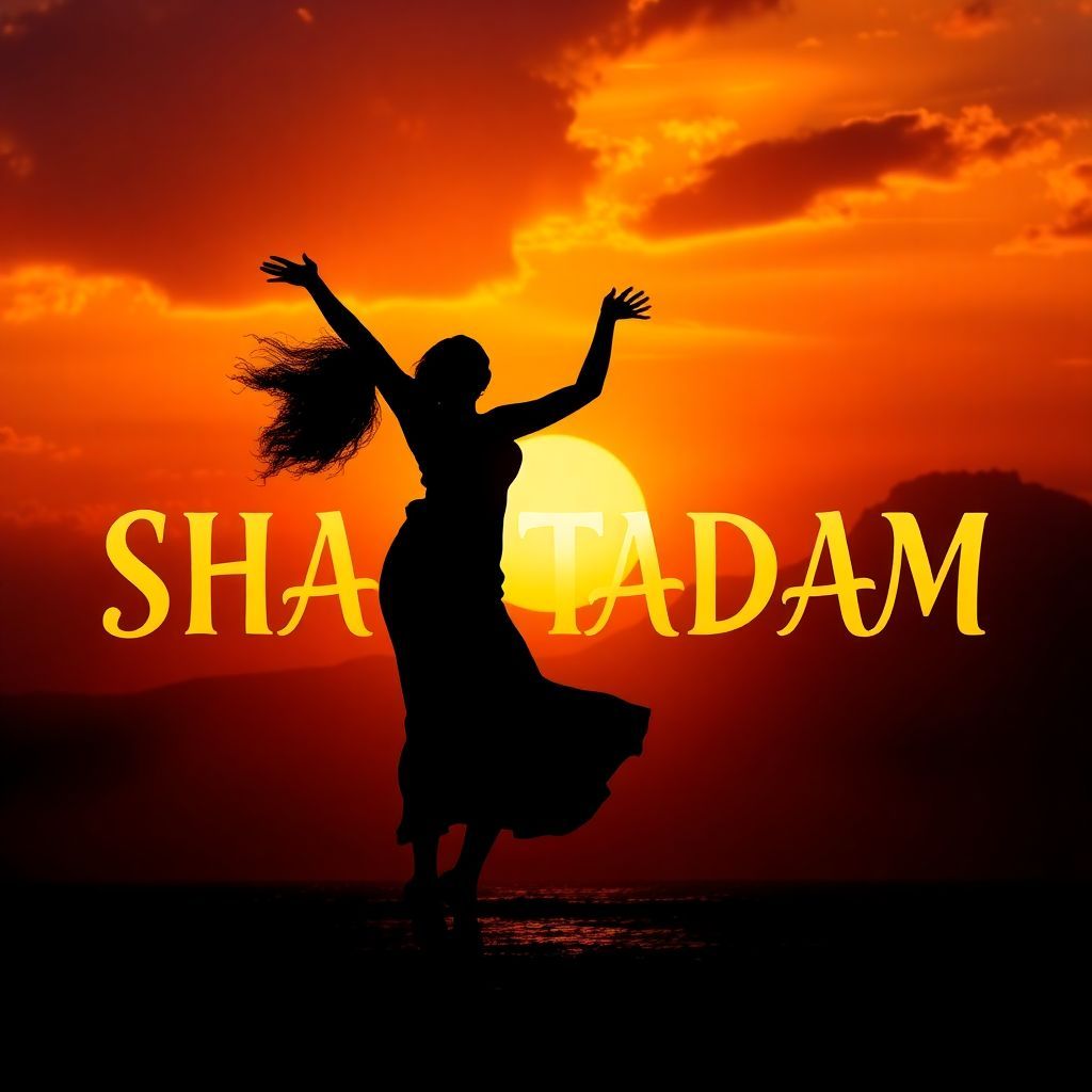 Afrobeat AI Album Cover — A vibrant Afrobeat album cover featuring a silhouette of a woman dancing joyfully against a sunset background; rich oranges and purples, surreal lighting with golden accents; the title "SHATTADAM" integrated seamlessly into the scenery with elegant, flowing typography; highly detailed, 8k resolution, capturing the energetic essence of the genre.