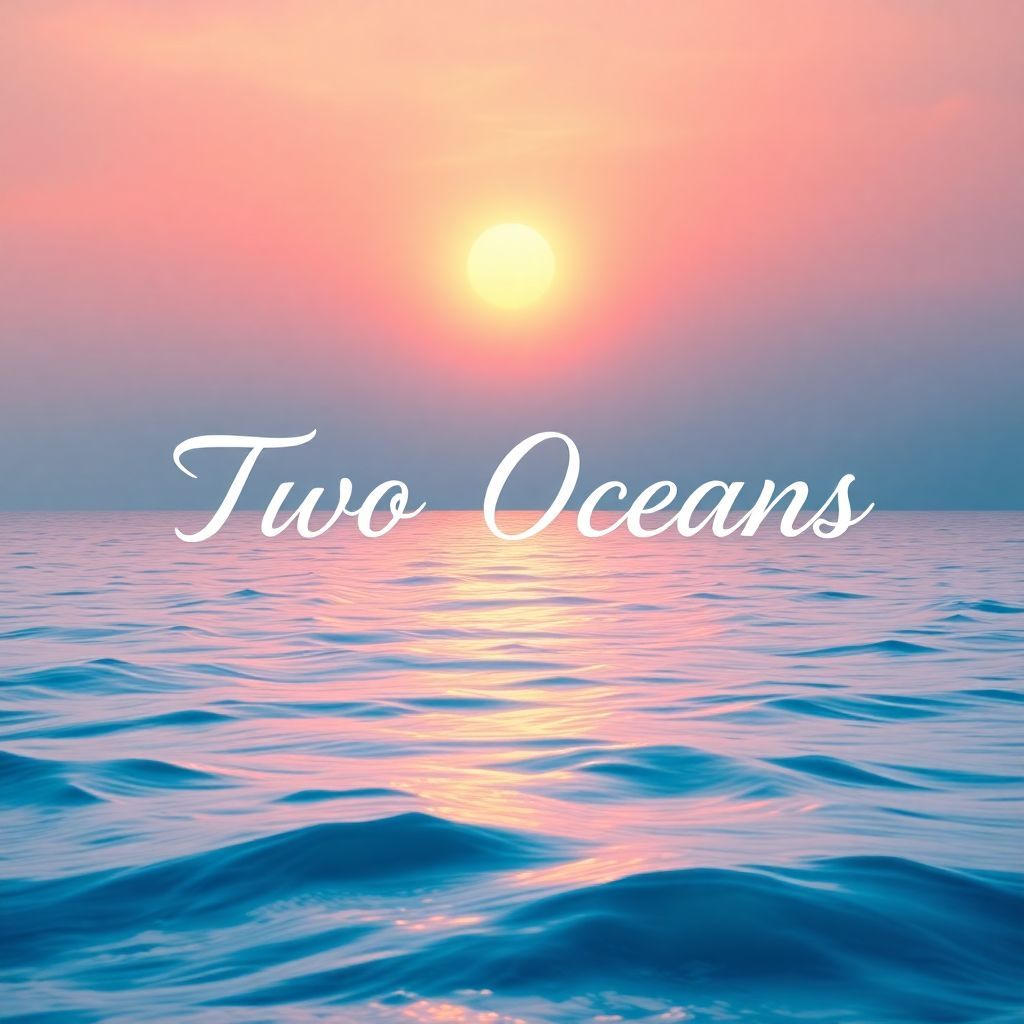 Meditation AI Album Cover — A serene and ethereal album cover depicting two tranquil oceans merging at sunset, with soft waves and gentle reflections; the title "Two Oceans" elegantly integrated into the sky, using a flowing script font; dreamy pastel colors, surreal lighting, and high-quality details in 8k resolution to evoke calmness and meditation.