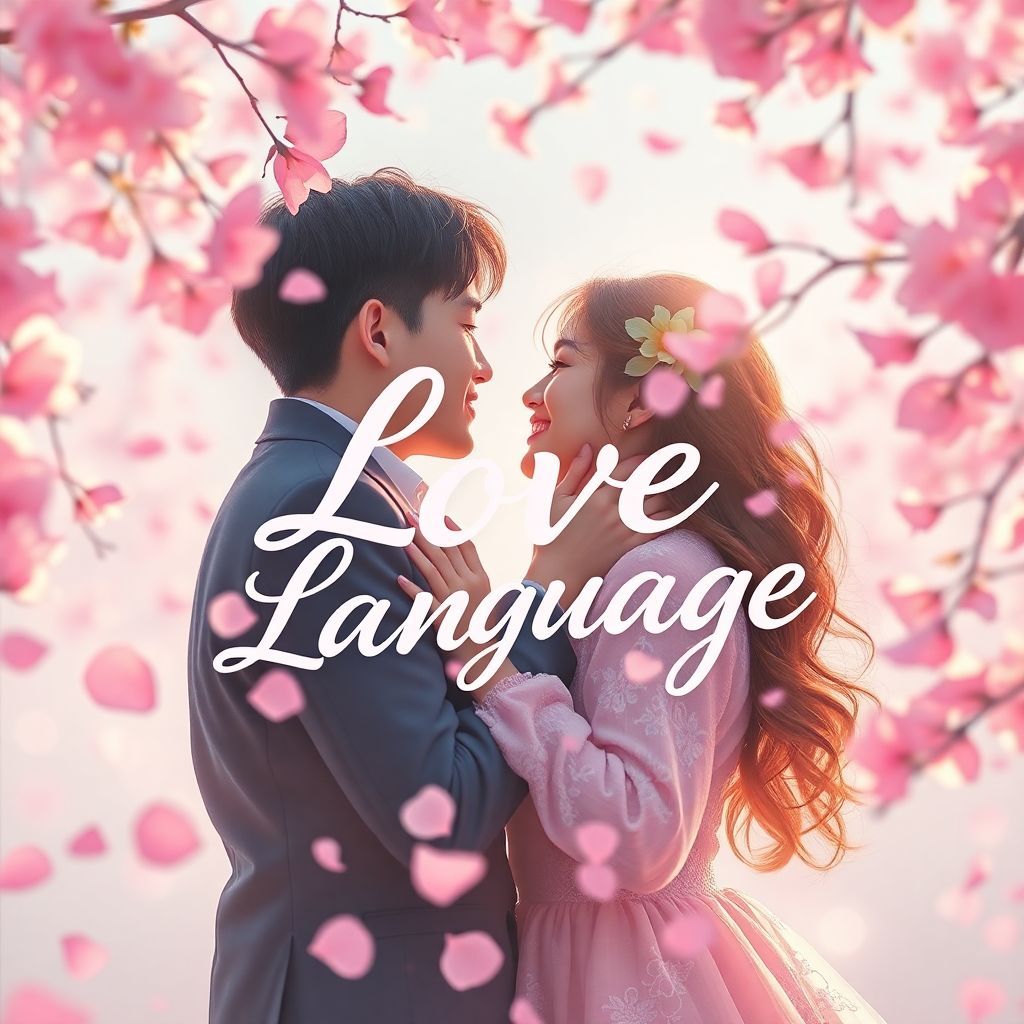 K-Pop AI Album Cover — A vibrant K-pop album cover featuring a dreamy couple sharing an intimate moment surrounded by colorful cherry blossom petals; the title "Love Language" integrated into the scene with flowing script typography; ethereal lighting, pastel colors, highly detailed, 8k resolution, romantic and whimsical atmosphere.