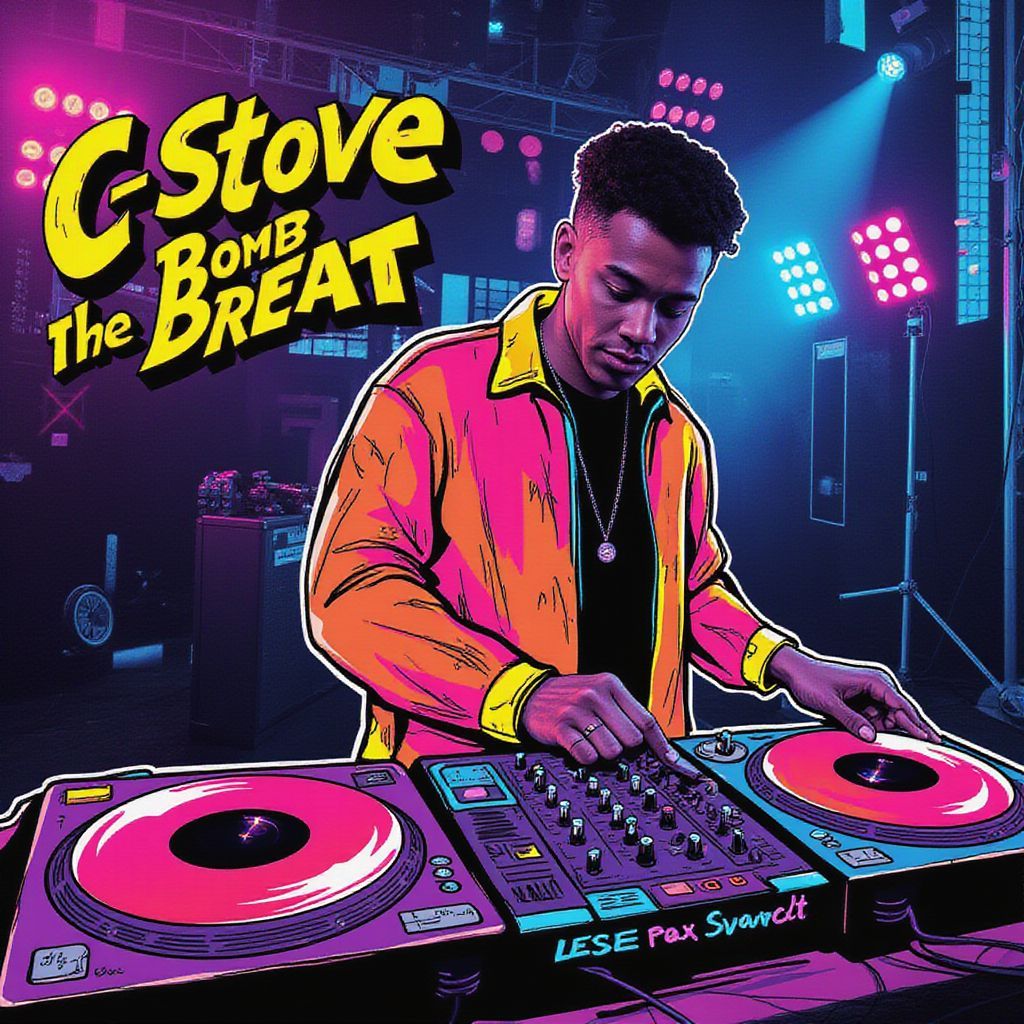 House AI Album Cover — A vibrant 90's house music LP cover featuring a half-illustrated and half-photographic depiction of a DJ mixing at a glowing turntable; neon colors, abstract swirling lines, cinematic lighting, energetic atmosphere, highly detailed, with the title 'C Stove - Bomb The Beat' prominently displayed in expressive, hand-drawn typography.