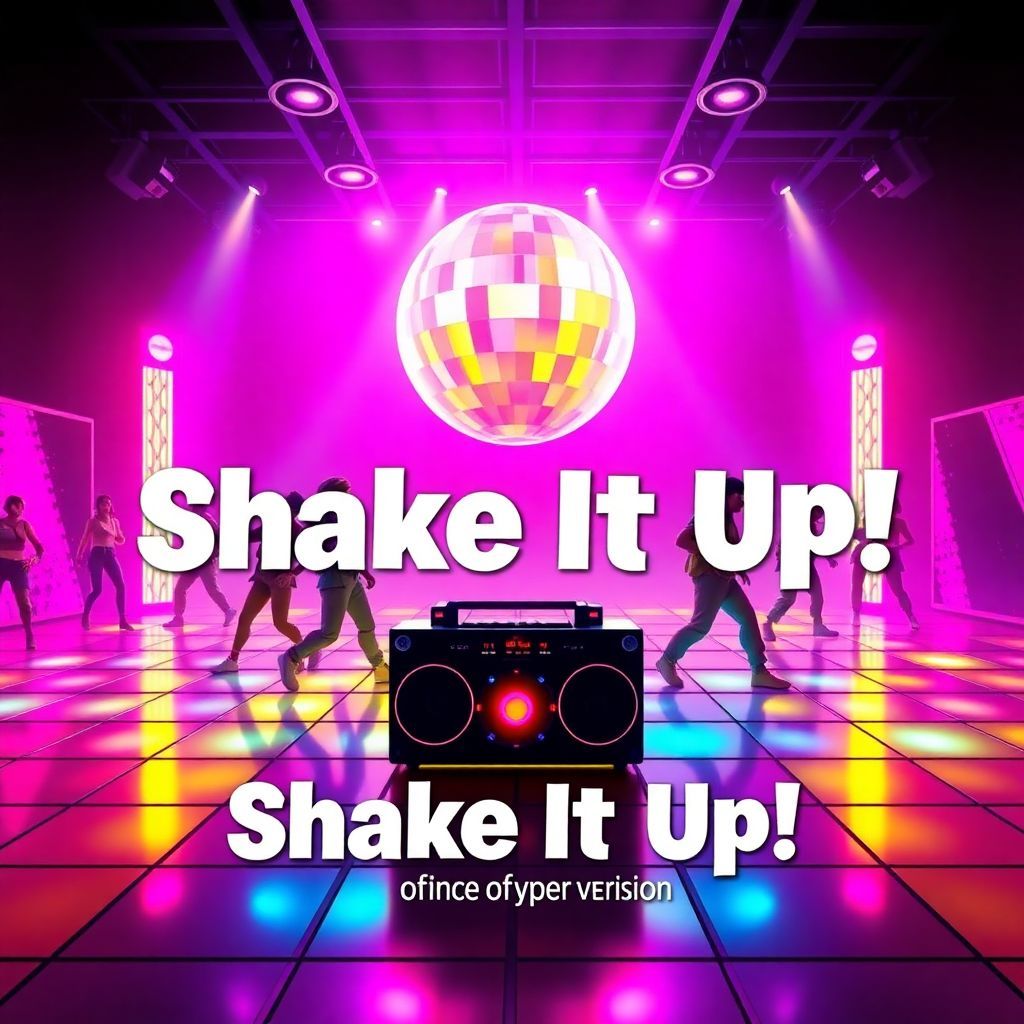 Dance AI Album Cover — A vibrant dance album cover for 'Shake It Up! (Fortnite Version)', featuring a neon-lit square dance floor reacting to rhythm with pink, purple, and yellow hues; Fortnite characters dancing in dynamic poses, a giant spinning disco ball scattering colorful reflections, and a stylish glowing boombox in the foreground; high-energy atmosphere, photorealistic details, 8k resolution, fun and lively visual style.