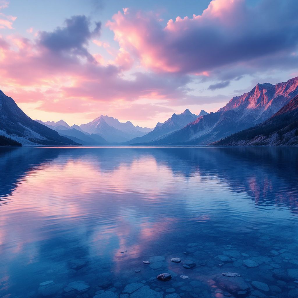 Meditation AI Album Cover — A tranquil mountain lake reflected at dusk, in a cinematic style, 8k resolution, gentle twilight lighting, deep blue and purple, highly detailed, serene and majestic atmosphere