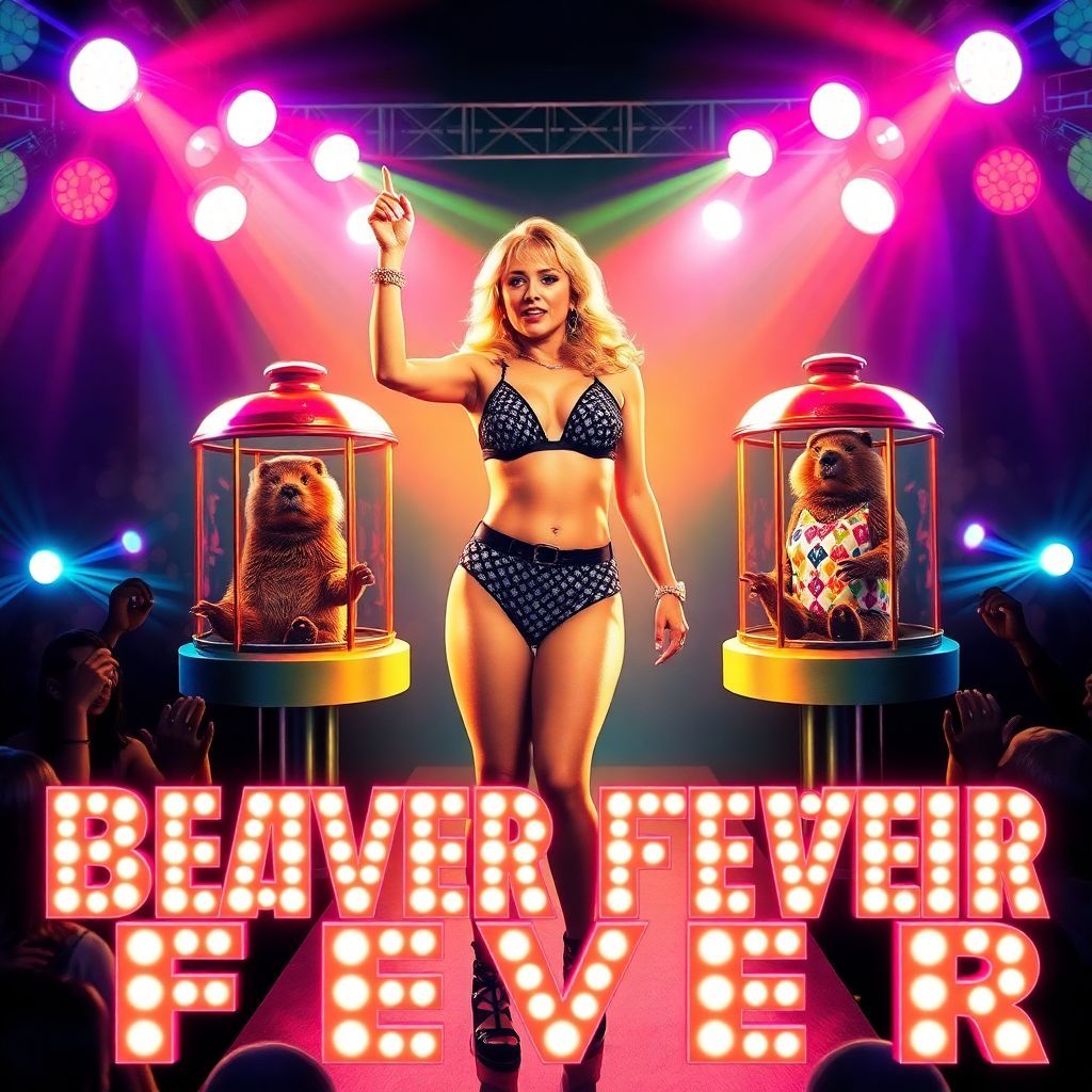 Dance AI Album Cover — An exhilarating album cover for 'Beaver Fever', featuring Madonna in her iconic cone bra on stage with vibrant lights and a euphoric crowd; the two backup beavers in colorful outfits in go-go cages, surrounded by psychedelic patterns and dynamic motion, energetic ambiance with neon colors, vivid detail, high quality, 8k resolution, clear integration of the title 'Beaver Fever' in bold typography, creating a vibrant and lively celebration of dance music.