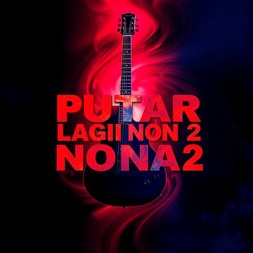 Rock AI Album Cover — A vibrant rock album cover featuring a silhouetted electric guitar against a swirling abstract background; the title 'PUTAR LAGI NONA 2' integrated dynamically into the design with bold, graphic typography, in fiery red and deep blue hues; highly detailed, 8k resolution, moody lighting with a sense of energy and movement.