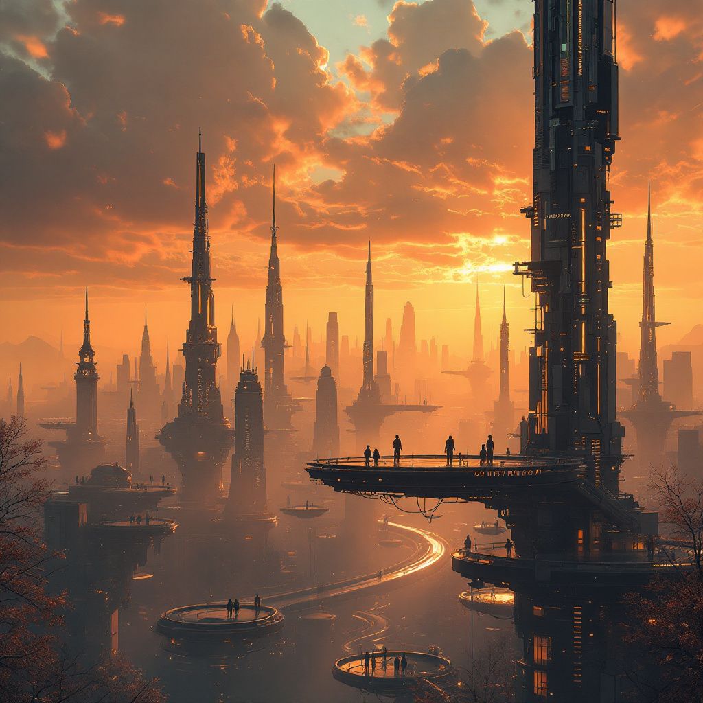 Lo-Fi AI Album Cover — A surreal lo-fi album cover for 'Autumn Platform 2090', featuring a futuristic city skyline with floating platforms, warm autumn colors of orange and gold; ethereal lighting and misty atmosphere, intricate details, and a dreamy ambiance; 8k resolution, high quality, photorealistic concept.