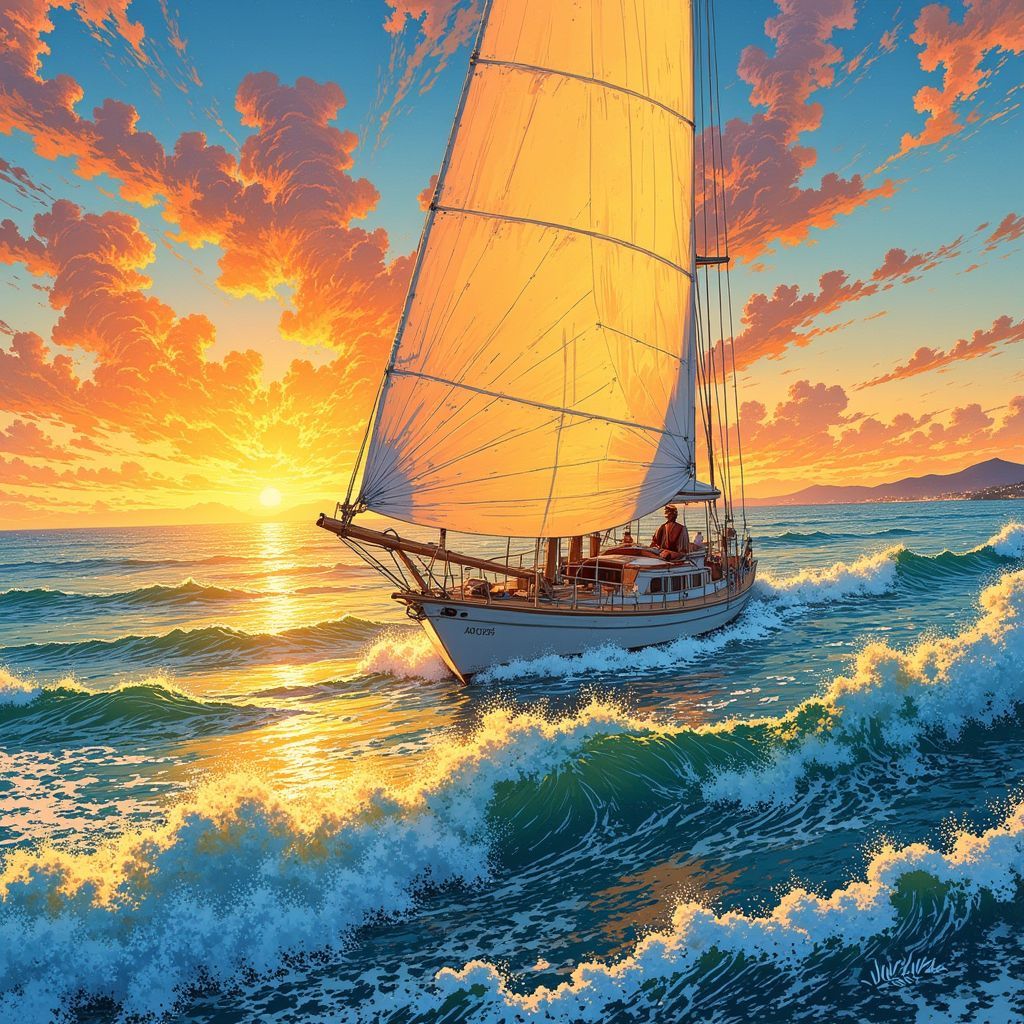 Chillout AI Album Cover — An ethereal illustration of Sam and Sue sailing on a vibrant sea, with the sailboat named 'ANGST' gleaming under a golden sunset; rolling waves, dreamy colors of blues and yellows, joyful expressions, capturing freedom and adventure, highly detailed, 8k resolution, whimsical and uplifting atmosphere