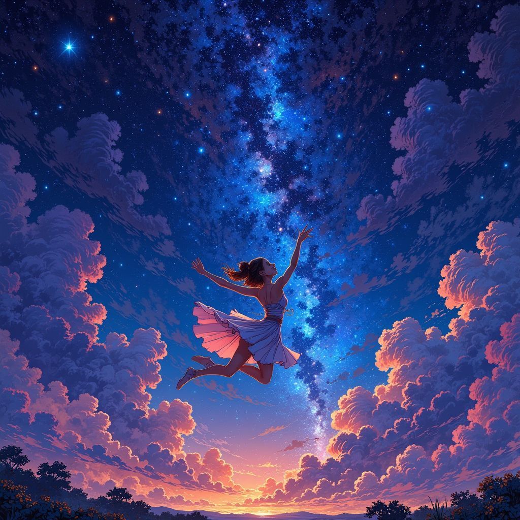 Dance AI Album Cover — A magical Ghibsky illustration of a dancer leaping through a night sky filled with colorful shooting stars, capturing dreams coming true; ethereal lighting with a vibrant color palette of blues, purples, and golds, highly detailed, dreamy atmosphere, 8k resolution