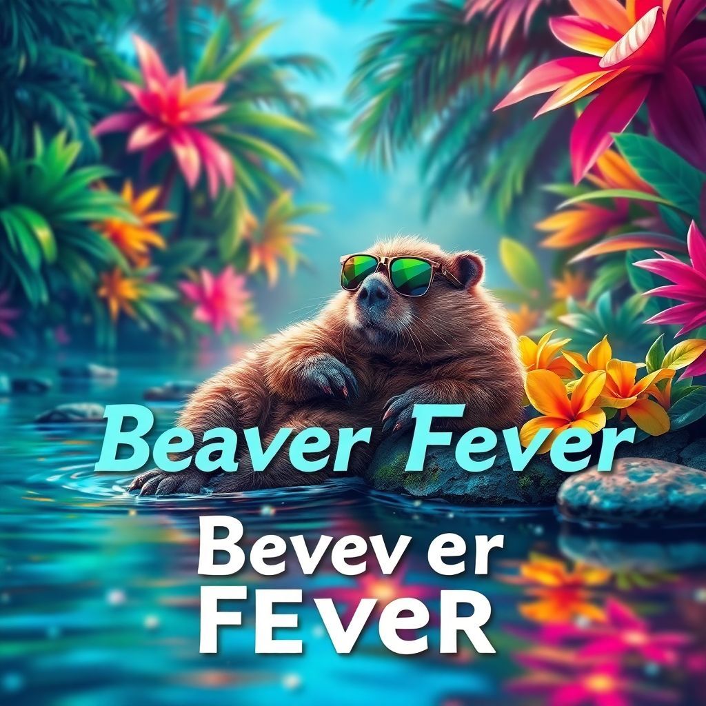 EDM AI Album Cover — A surreal art piece titled "Beaver Fever", depicting a beaver wearing sunglasses, lounging on a riverbank surrounded by colorful, tropical flora, soft glowing lighting with a dreamy vibe, bold color palette with blues and greens, photorealistic details, high quality