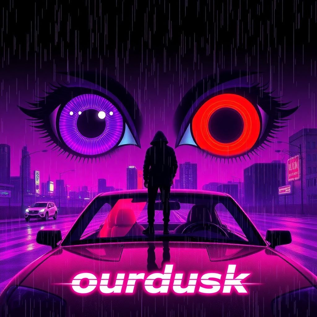 Trap AI Album Cover — A striking cyberpunk album cover featuring oversized glitch eyes with purple-blue iris on the left and red-orange iris on the right, a rainy urban scene with a figure on a neon car hood; dusk gradient background of purple and black with vaporwave glitch style, title "ourdusk" in glitch font at the bottom, highly detailed, 8k resolution, dark and moody atmosphere