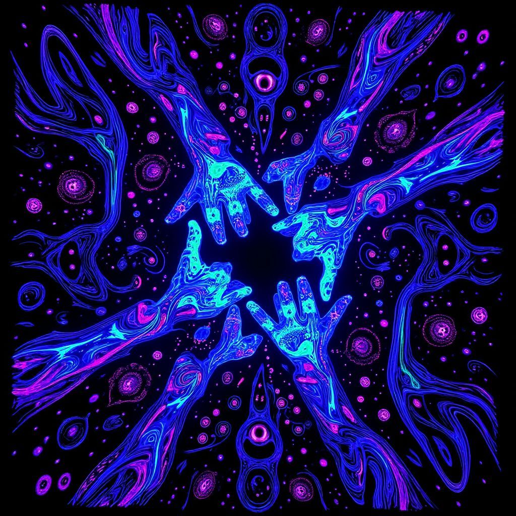 EDM AI Album Cover — A psychedelic black light album cover featuring an ethereal connection of glowing hands reaching towards each other, surrounded by vibrant swirling colors of blue, purple, and green; intricate patterns and light trails create a mystical atmosphere, 8k resolution, highly detailed, capturing the essence of unity and connection