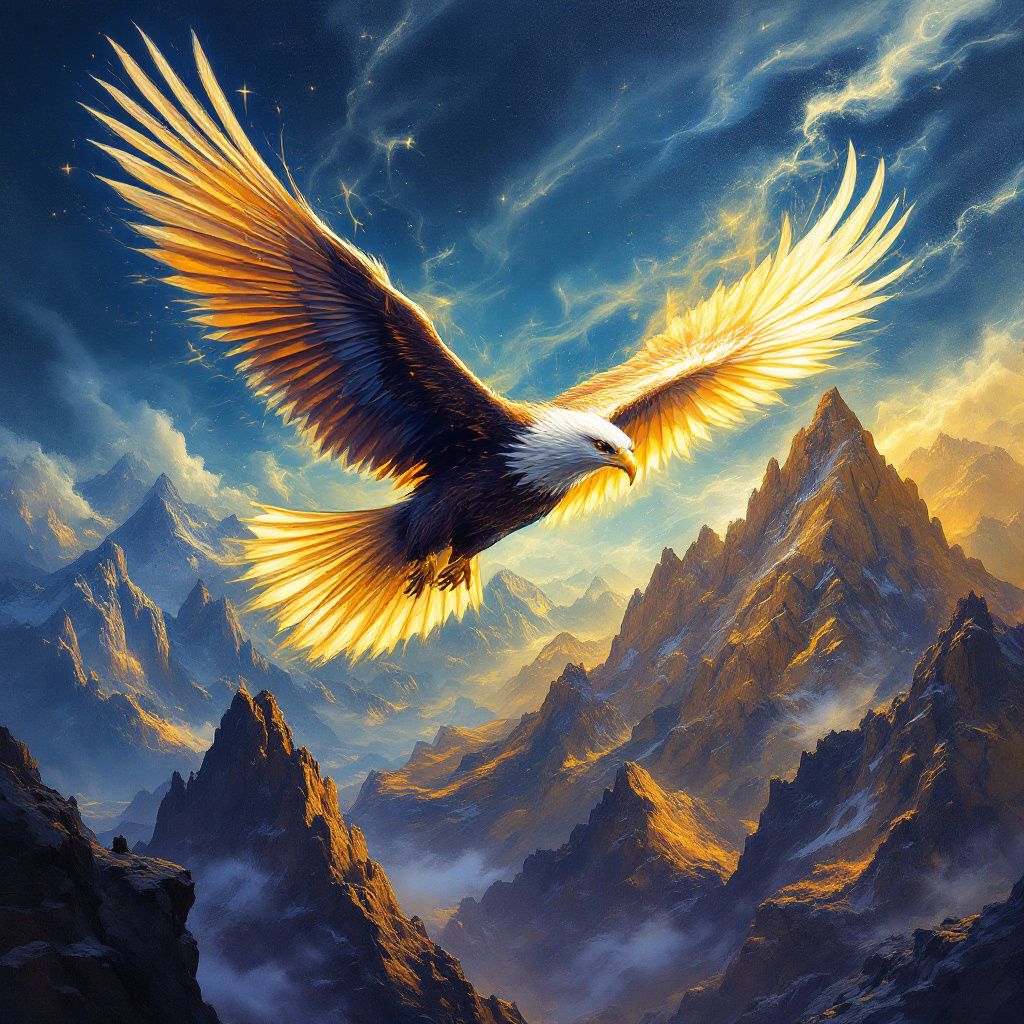 Americana AI Album Cover — Abstract interpretation of an eagle soaring over mountains, surreal tones and lighting, vibrant golds and deep blues, professional quality, 8k resolution, intricate details.