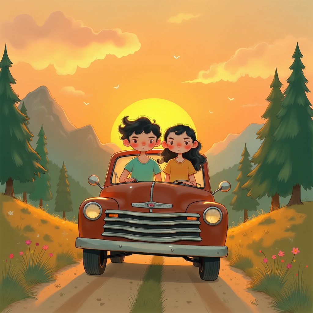 Country AI Album Cover — A whimsical country album cover featuring a young couple driving an old pickup truck down a dirt road, with pines and mountains in the background; warm sunset lighting, flowing hair, joyful expressions; vibrant colors like orange, green, and blue; highly detailed and dreamy style, 8k resolution
