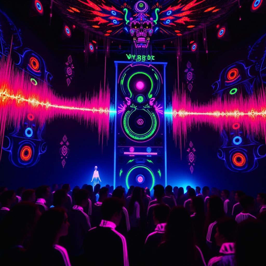 Dubstep AI Album Cover — A surreal black light illustration capturing the essence of 'WOBBLE', depicting a massive speaker emitting colorful sound waves; the waves are painted in bright neon orange, pink, and electric blue against a dark backdrop; the atmosphere is moody yet vibrant, with intricate patterns reflecting the dubstep beat; ultra-detailed, 8k resolution.