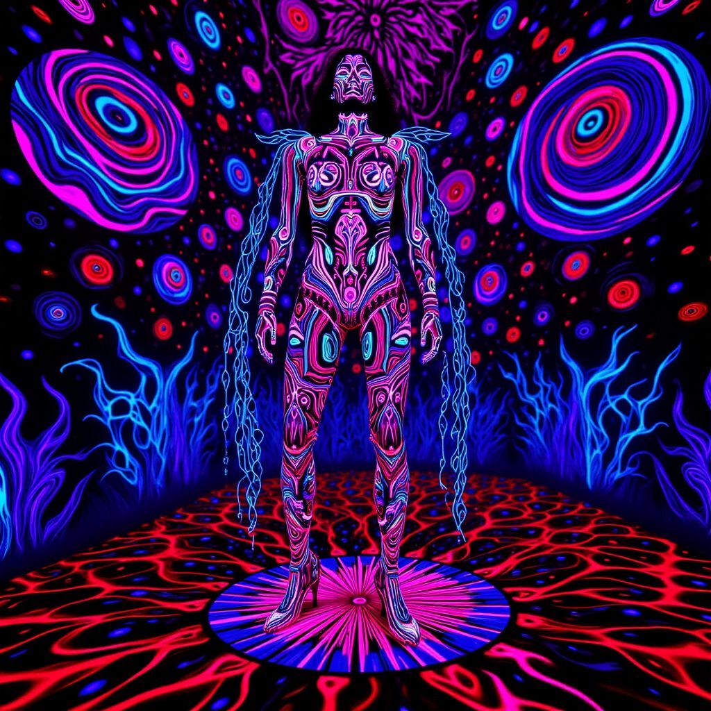Rap AI Album Cover — A vibrant, psychedelic album cover featuring an abstract figure in neon colors surrounded by surreal landscapes; luminous light patterns dancing around the figure with a dreamy, electrifying atmosphere; high contrast black light effect, 8k resolution, highly detailed, evocative and bold aesthetics.