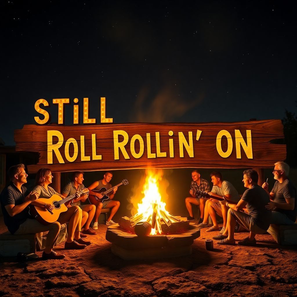 Country AI Album Cover — A joyful gathering of friends around a campfire under a starry night, guitars and drinks in hand; the title "Still Rollin' On" bold and rustic on a wooden signpost, warm and inviting colors, cinematic lighting, ultra-realistic, capturing the essence of togetherness and celebration.