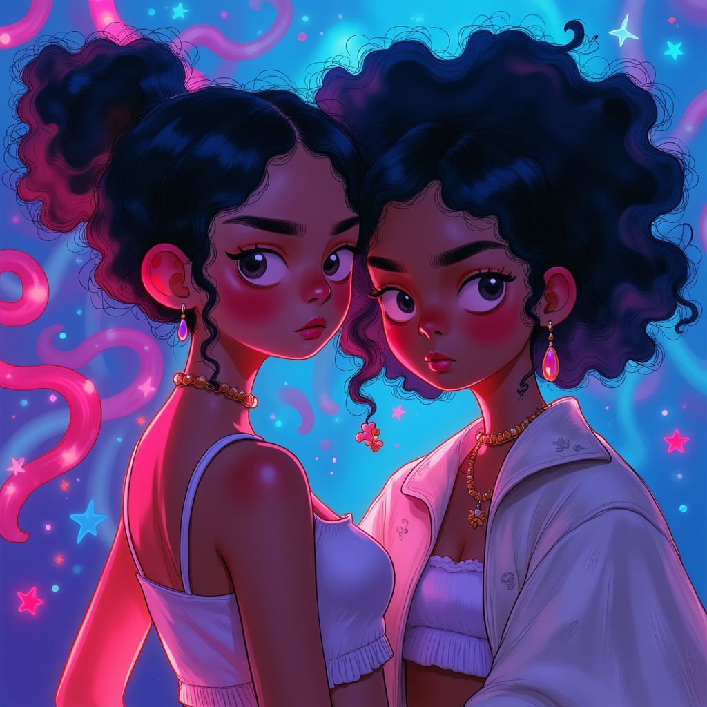 R&B AI Album Cover — A vibrant R&B album cover featuring two stylish young women with luminous skin and playful expressions, neon lights illuminating them in a club-like atmosphere; psychedelic swirls and abstract patterns in the background, rich blues and purples creating a moody yet lively feel, highly detailed and immersive, 8k resolution