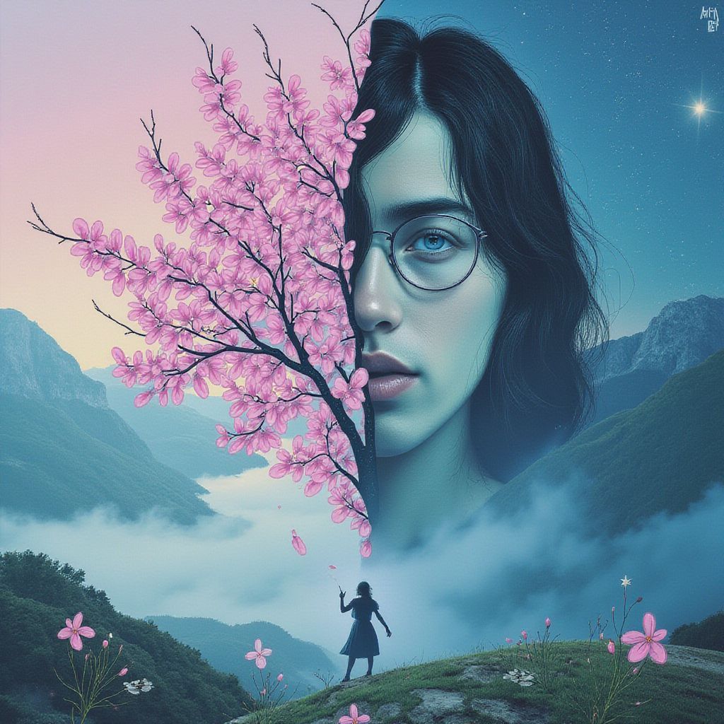 Alternative AI Album Cover — An ethereal album cover for 'Xi - Vanitas' featuring half a serene landscape with fading pink blossoms and half a surreal, hand-drawn illustration of a melancholy figure in a dreamlike state; soft, diffused lighting, color palette of pastel shades and deep blues, 8k resolution, highly detailed and atmospheric feel