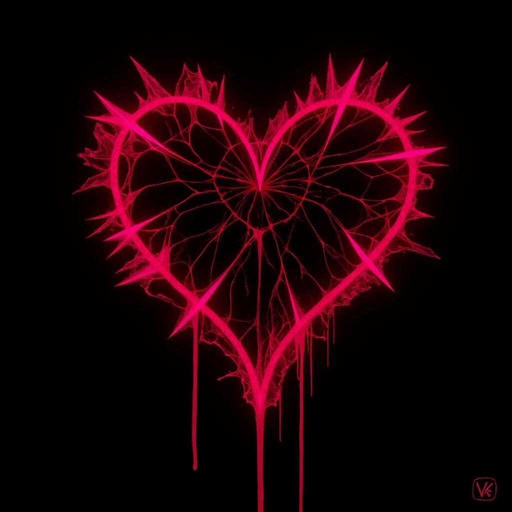 Punk AI Album Cover — A minimalist punk album cover featuring a shattered glass heart at the center, in black and red tones; the design should evoke a rebellious spirit with bold, jagged edges and subtle textures, illuminated by a stark black light effect; high contrast, simplistic yet powerful aesthetic, 8k quality, intense and raw feel