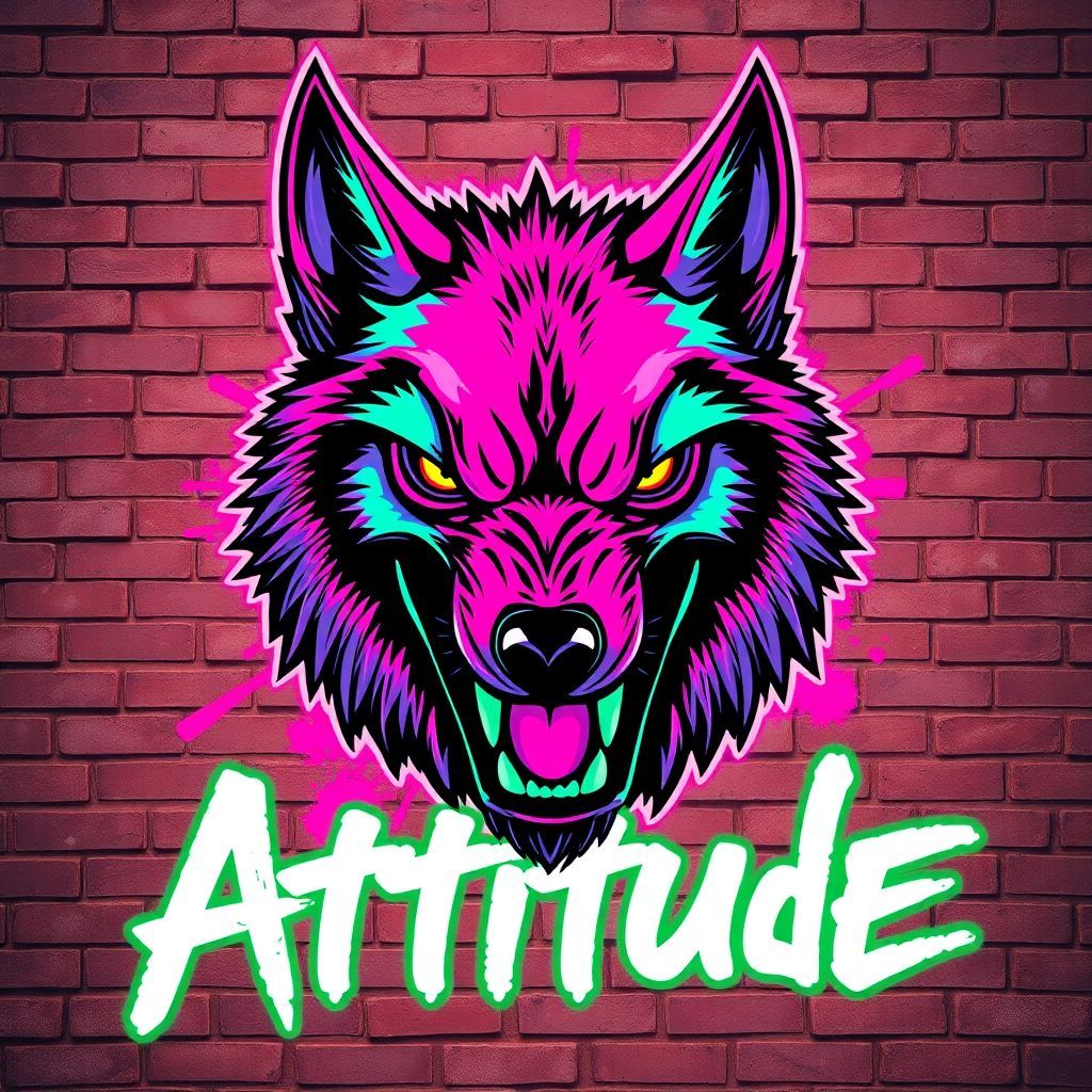 Punk AI Album Cover — A bold, punk-inspired album cover featuring a snarling wolf with exaggerated facial features, vibrant neon colors of pink and green, the title "Attitude" integrated into the design as graffiti on a brick wall background; high contrast, energetic street art style, edgy and rebellious atmosphere, highly detailed, 8k resolution