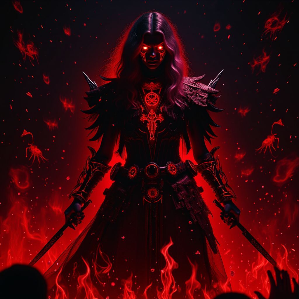 Metal AI Album Cover — A fiery, dark illustration for 'Fúria do Traidor', featuring a betrayed warrior with glowing eyes in a raging inferno; highly detailed, black light effect emphasizing red and orange flames contrasted against dark shadows; aggressive, moody atmosphere, reflecting raw emotional turmoil, 8k resolution
