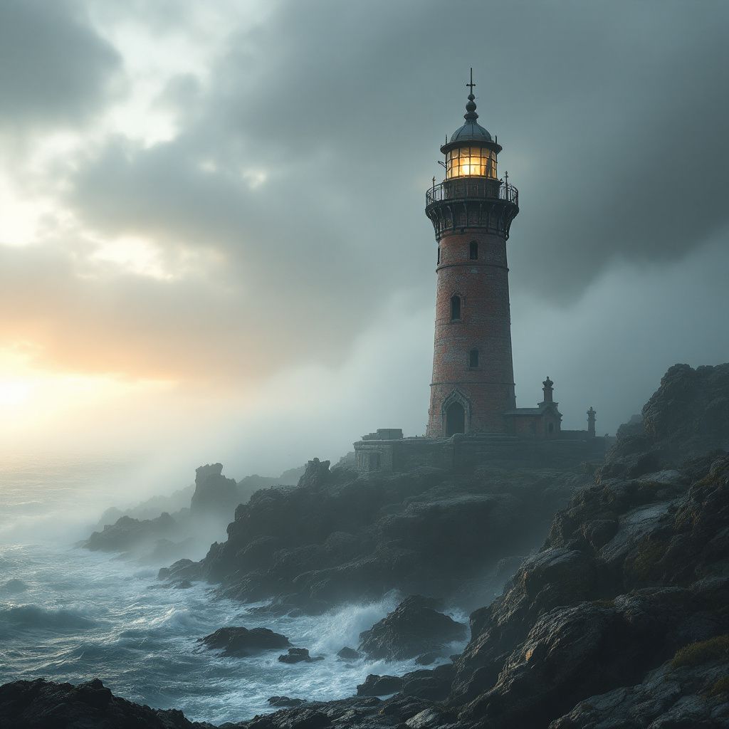 Folk AI Album Cover — Cinematic view of a solitary lighthouse by a foggy seashore at dawn, in faded coastal tones, soft light, surreal yet moody vibe, sharp detail, 8k quality, mysterious and haunting