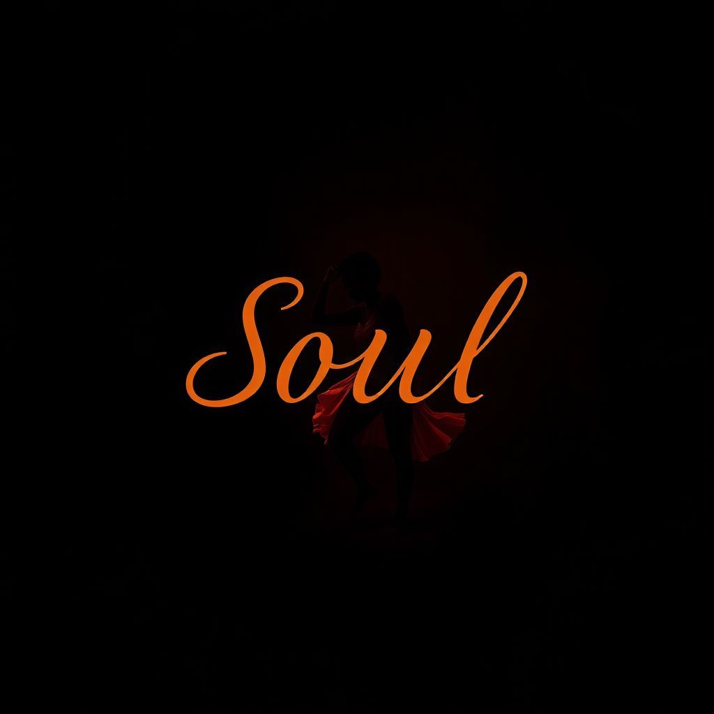 Afrobeat AI Album Cover — A moody, minimalist album cover with the title "Soul" prominently displayed in elegant, flowing typography. Focus on a silhouette of a dancer in a vibrant afrobeat-inspired pose against a dark, textured background; ethereal lighting and warm, rich tones create an engaging atmosphere, highly detailed, 8k resolution.