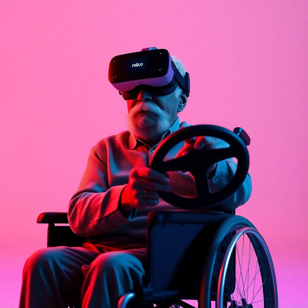 Indie AI Album Cover — A surreal album cover featuring an elderly man in a wheelchair with a white mustache, wearing a VR headset gripping a steering wheel; minimalist background, ethereal lighting, vibrant accent colors, clear integration of text "black-forest-labs/flux-schnell" within the design, highly detailed and cinematic aesthetic, 8k resolution