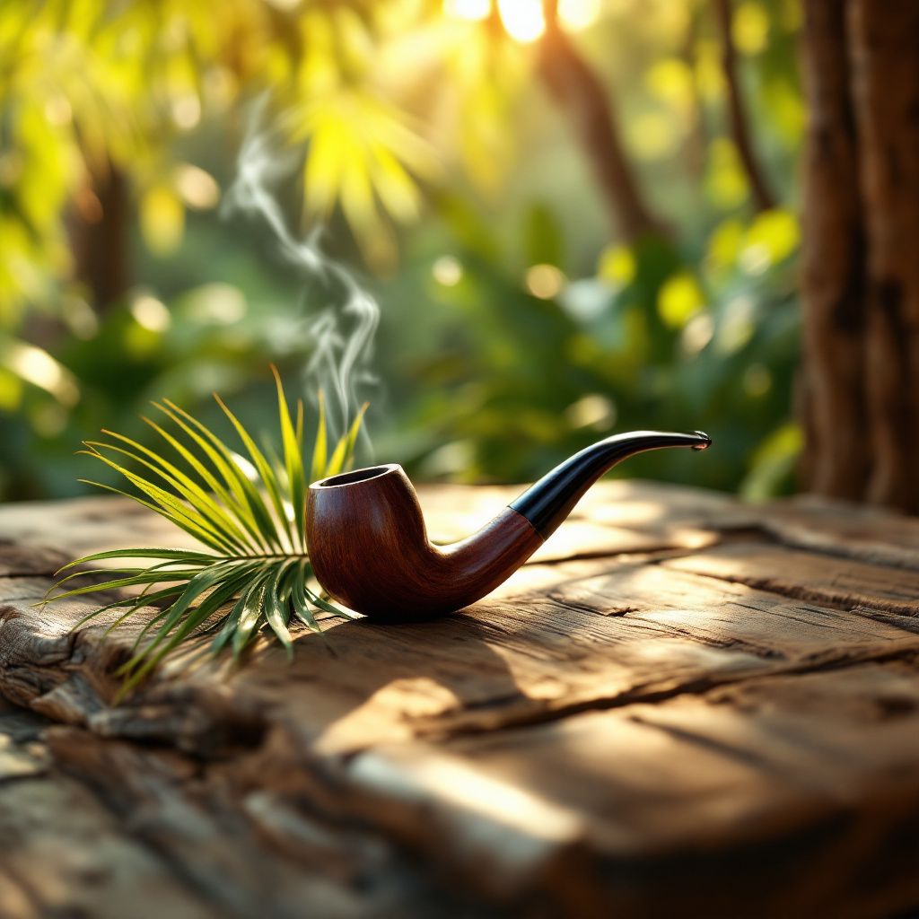 Reggae AI Album Cover — Minimalist reggae vibe with a single smoking pipe and palm leaf, warm earthy tones, soft ambient light, natural background, sharp focus, high quality, 8k resolution.
