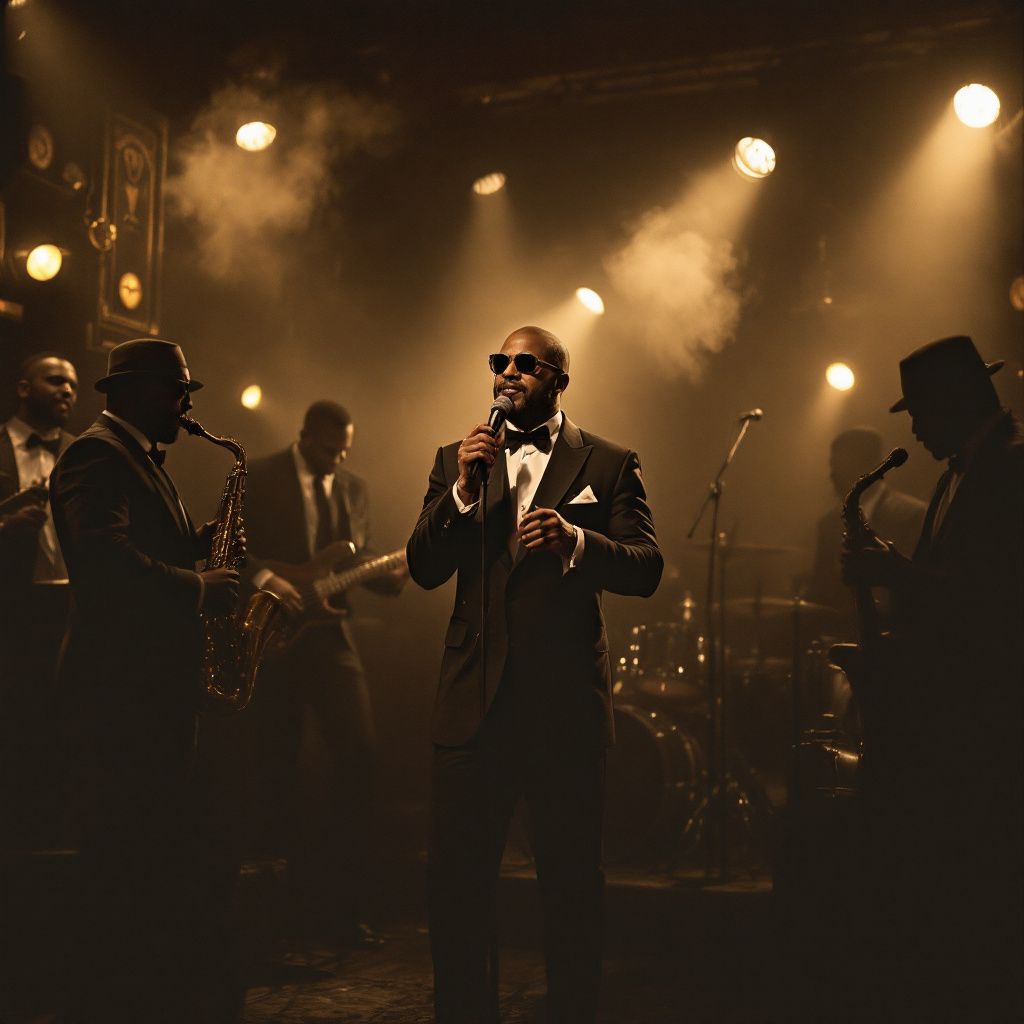 Soul AI Album Cover — A vintage soul band ensemble, performing in a smoky jazz club, nostalgic sepia tones, lively ambiance, highly detailed, 8k quality, photorealistic, cinematic composition
