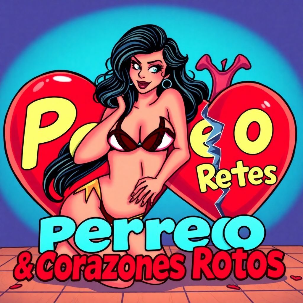 Reggaeton AI Album Cover — A colorful 90s cartoon-style album cover with the title "Perreo & Corazones Rotos" integrated into the artwork; featuring a seductive woman in lingerie next to a giant broken heart, playful and sexy vibe, bold outlines, bright colors, cinematic lighting, vibrant atmosphere, highly detailed, 8k resolution.