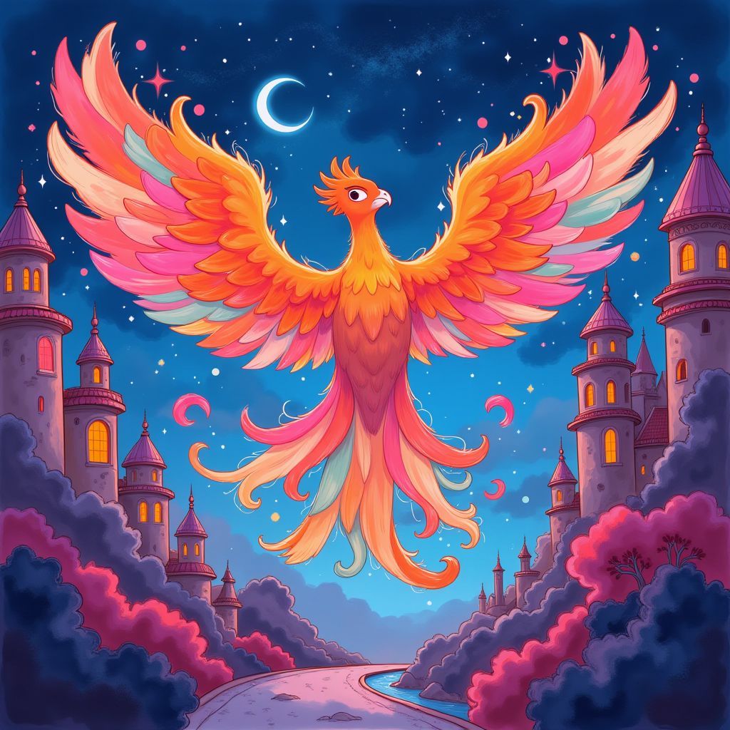 Dance AI Album Cover — A whimsical dance music album cover featuring a vibrant, soaring phoenix with swirling colorful feathers, set against a psychedelic cityscape; bright neon colors, dynamic lighting, playful atmosphere, highly detailed, 8k resolution
