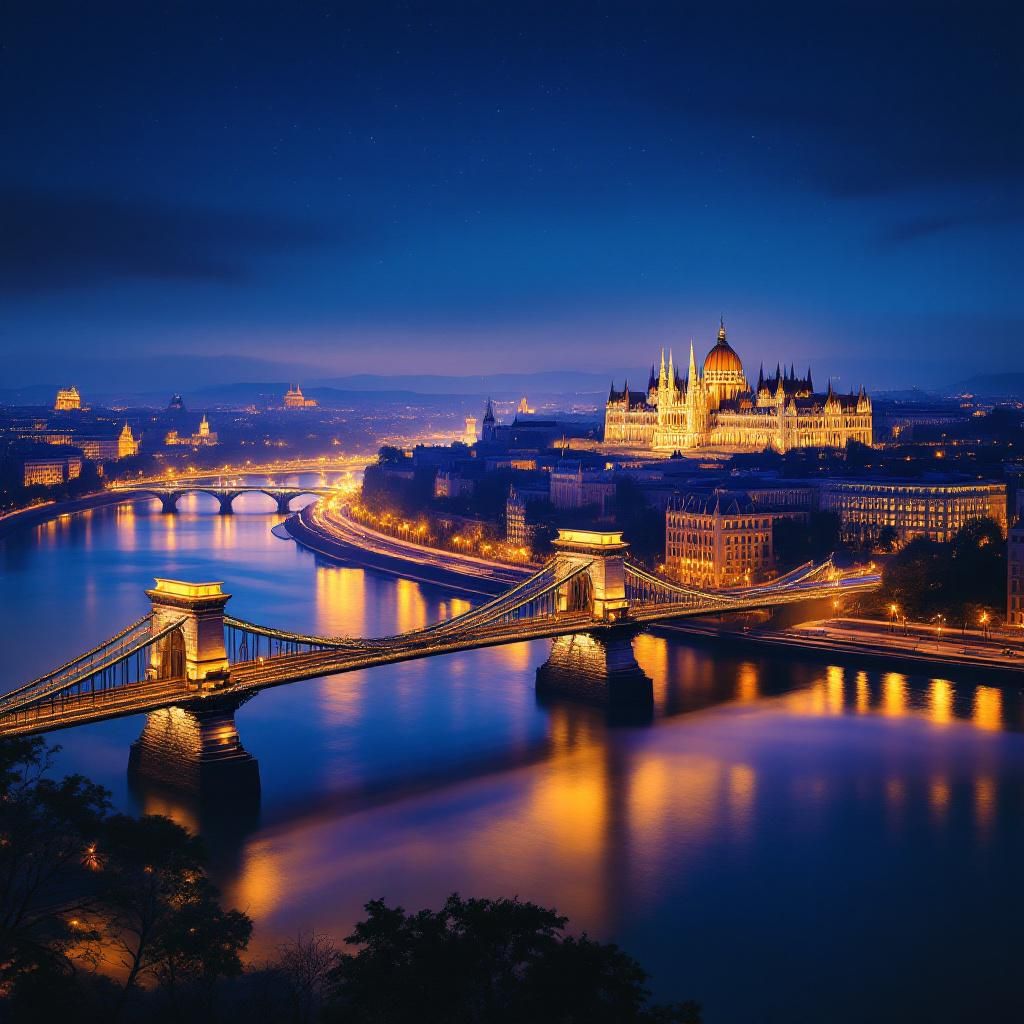 Trance AI Album Cover — An ultra-realistic night photograph of Budapest from above, capturing the Danube river reflecting city lights, Chain Bridge and Parliament beautifully illuminated; long exposure style, deep blue night sky, ethereal mist rising above the river, cinematic lighting, vibrant natural colors, highly detailed, photorealistic, 8k quality