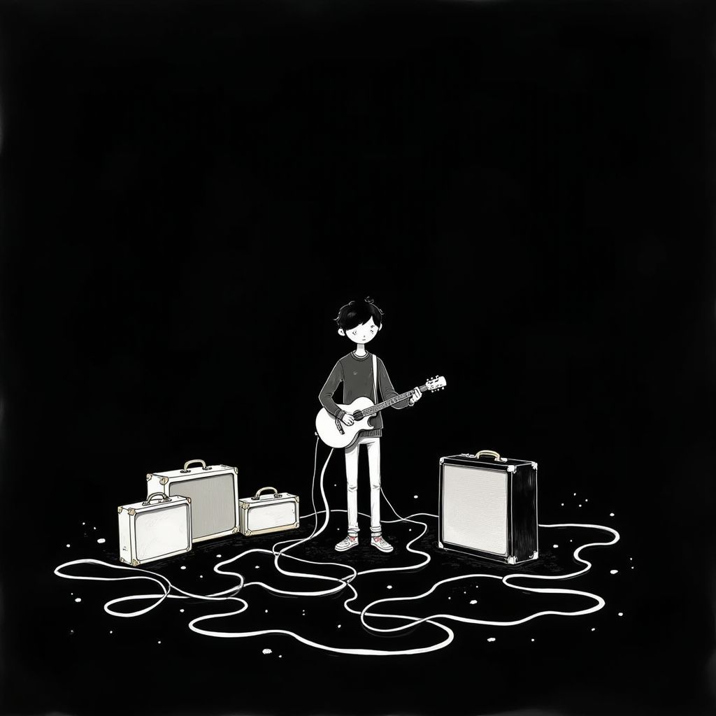 Indie AI Album Cover — A minimalist illustration of a lone figure playing guitar, surrounded by intertwining cables leading to vintage amplifiers; stark black background, emphasis on outlines and shadows, ethereal lighting, high contrast monochrome, emotional expression of struggle, highly detailed, professional quality, 8k resolution.