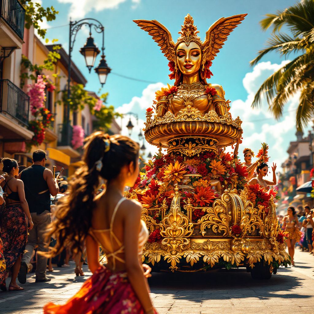 Latin AI Album Cover — A vibrant Latin festival procession, cinematic style, dynamic movement, vivid red and gold colors, sunshine and cheerful atmosphere, 8k resolution, highly detailed and immersive experience