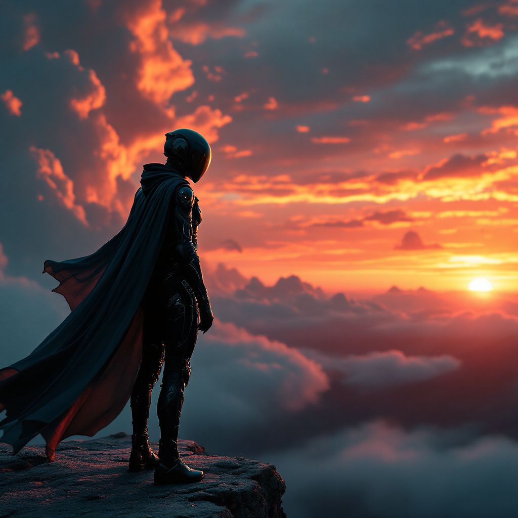 Synth-Pop AI Album Cover — Silhouette of a person in futuristic attire against a vibrant sunset backdrop, cinematic style, dramatic lighting, ethereal atmosphere, in red, gold, and indigo, highly detailed, 8k quality