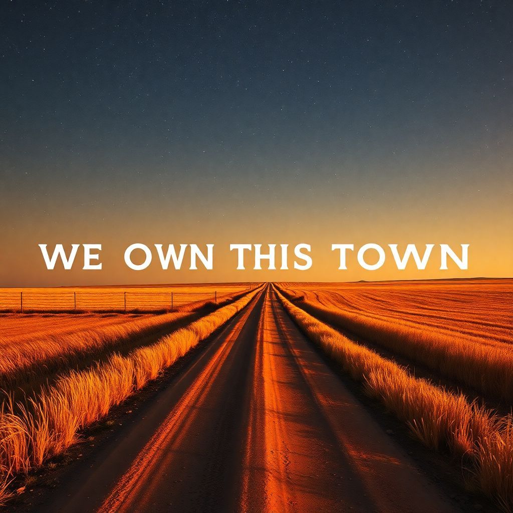 Country AI Album Cover — A warm, nostalgic country-themed album cover with an open dirt road winding through golden fields under a starry sky; the title "We Own This Town" prominently displayed, rustic fonts, soft lighting, earthy tones, highly detailed, capturing the feeling of freedom and friendship in a rural setting, 8k resolution