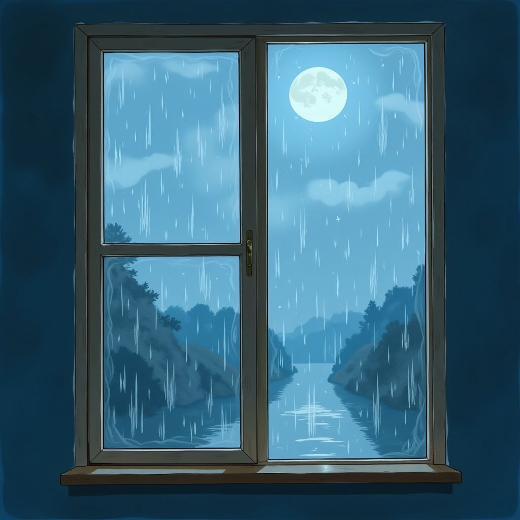Meditation AI Album Cover — A serene illustration of a window with rain gently falling outside, a pale-lit moon reflecting on the glass, ethereal colors of blue and silver blending; soothing atmosphere, the world outside appears calm and dreamlike, highly detailed, 8k resolution, capturing the essence of gentle rainfall and meditation.