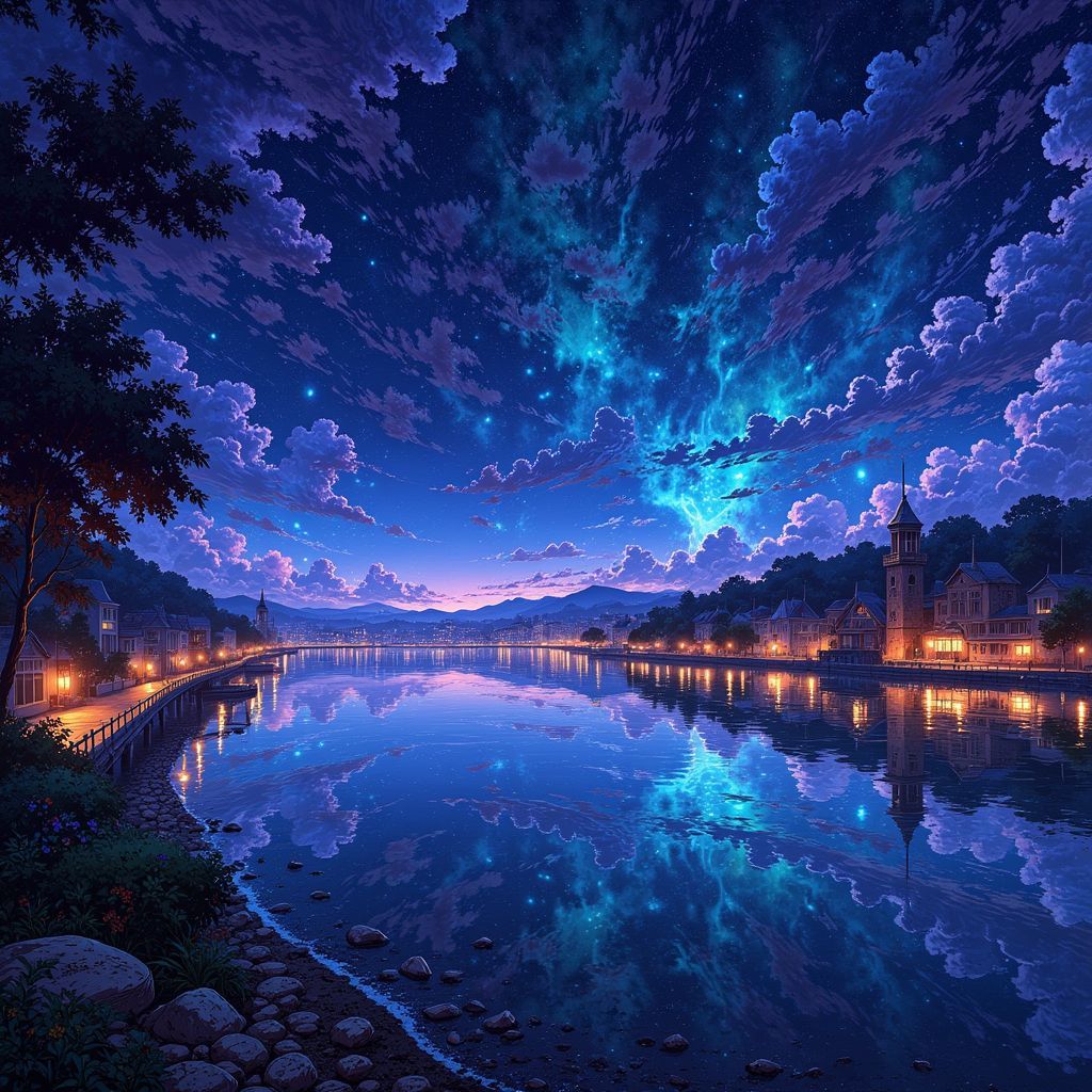 Trance AI Album Cover — A dreamy, ethereal illustration of the Danube River at night, surrounded by illuminated buildings; vibrant reflections in the water, deep blues, and subtle mists, capturing the essence of trance music; highly detailed, 8k resolution, cinematic atmosphere, soft lighting