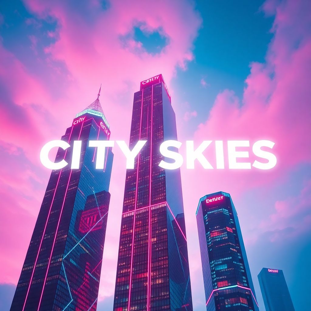 Electronic AI Album Cover — A vibrant album cover for 'City Skies' featuring three neon skyscrapers in descending heights, the text 'CITY SKIES' in white behind them, partially obscured yet legible; cotton candy pink and blue sky, glowing neon vibes, cinematic lighting, high detail, modern EDM aesthetic, 8k resolution, energetic and futuristic environment