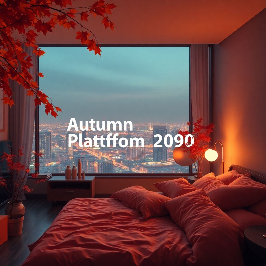 Lo-Fi AI Album Cover — An ethereal lo-fi music cover depicting an autumnal high-tech bedroom, with a panoramic window showcasing a glowing city; digital maple leaves and a relaxed atmosphere; text "Autumn Platform 2090" seamlessly blended into the scene, warm tones, cinematic lighting, photorealistic detail, 8k quality