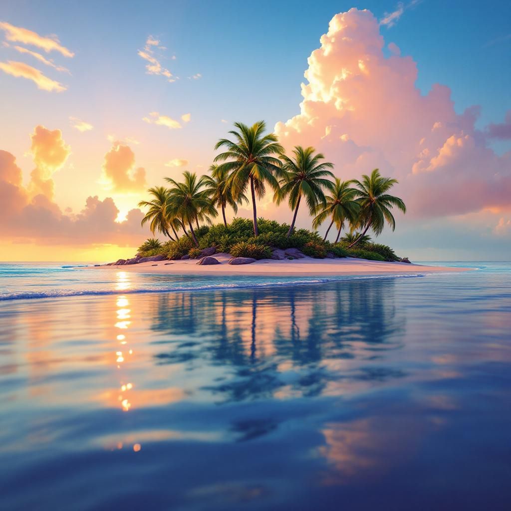 Reggae AI Album Cover — A vibrant reggae album cover titled 'Yallah', featuring a colorful sunset over a tropical beach with palm trees swaying; bright, warm colors of orange, pink, and gold create an inviting and uplifting atmosphere, surreal style, 8k resolution, highly detailed with soft lighting, capturing the essence of joy and freedom.