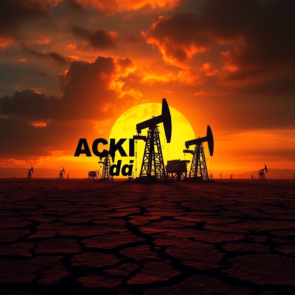 Rap AI Album Cover — A gritty, urban rap album cover titled "Fracking da Terra" featuring a striking visual of a cracked earth with oil rigs silhouetted against a fiery sunset; bold graffiti-style typography integrated into the landscape, high contrast lighting, moody atmosphere, vibrant yellows and reds, highly detailed, 8k resolution.
